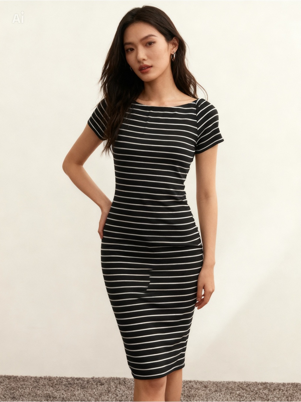 Liz & Sara Black Ribbed Top with White Stripes - L Dress